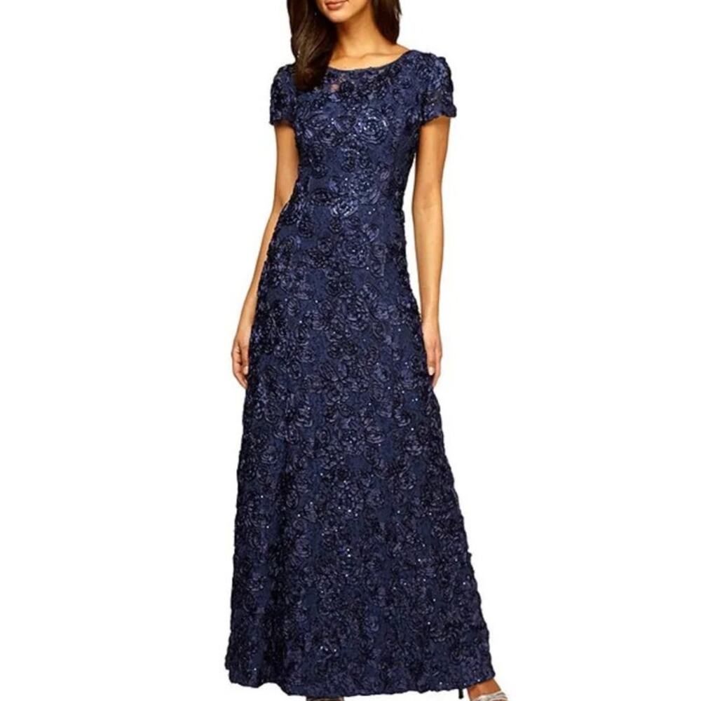 NWT Alex Evenings Navy Sequin Floral Lace Rosette Round Neck Gown 6